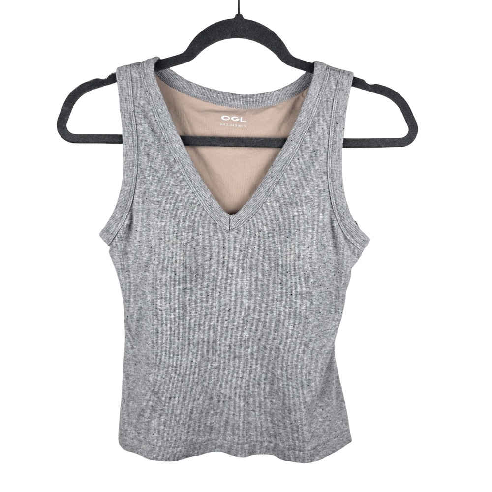 OGL Bra Tank Top Women Small Gray Ribbed V-Neck Built-In Bra Stretchy Athleisure
